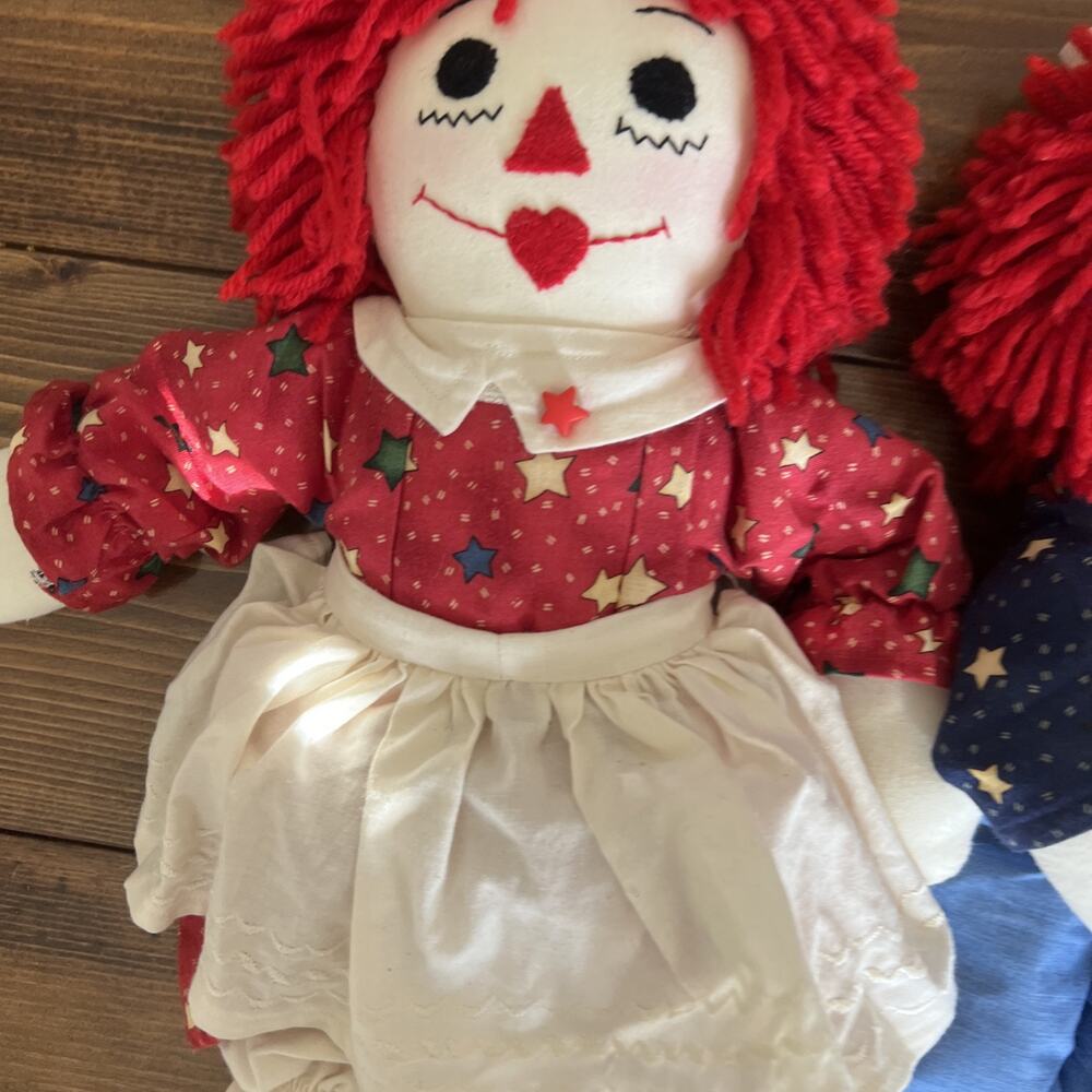 RARE RAGGEDY ANN & ANDY 18” RAG DOLL SET Handmade Red Dress W Stars & Apron VGUC - Picture 2 of 16